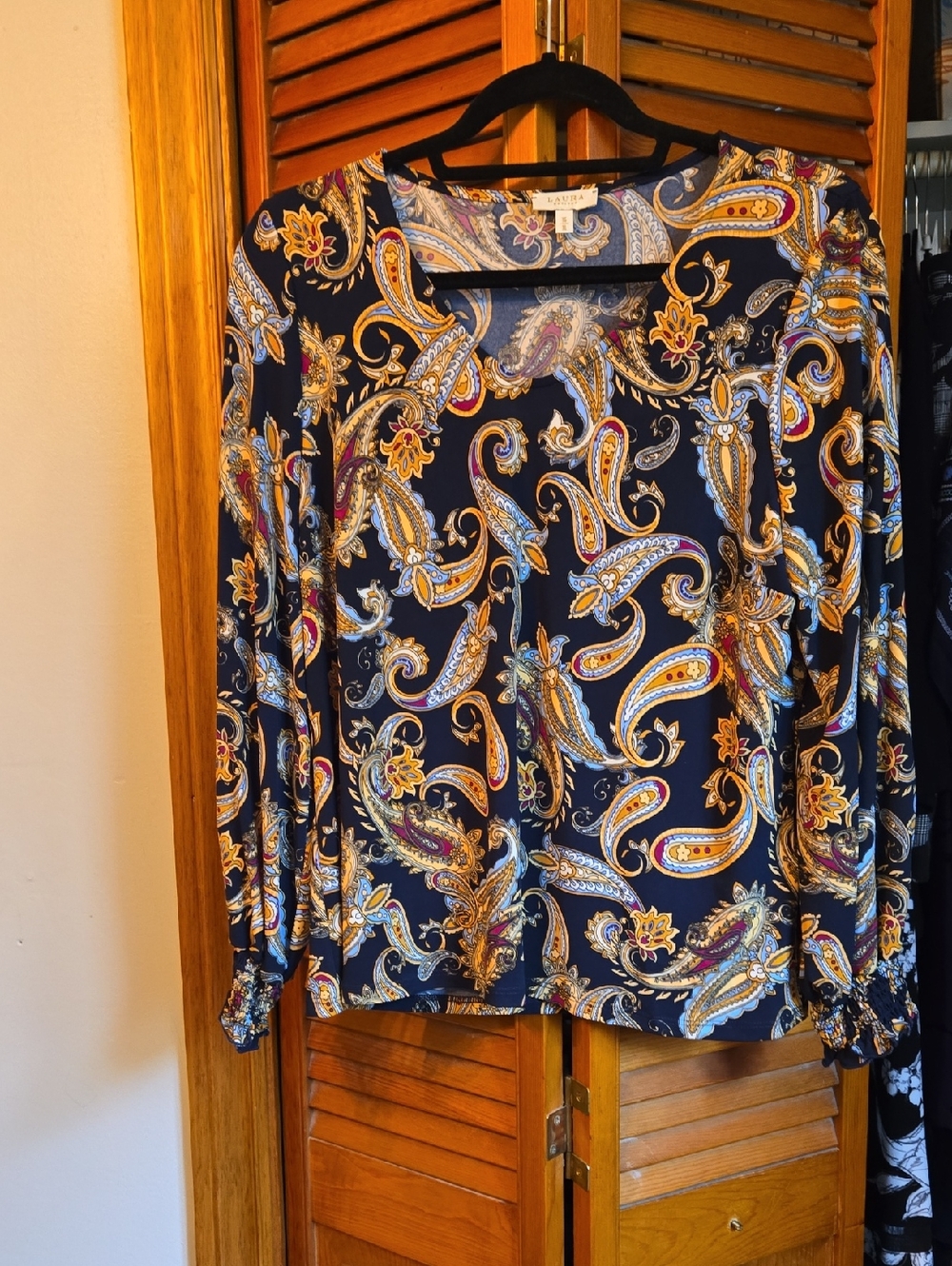Paisley V-Neck Long-Sleeve Blouse in Navy and Gold
